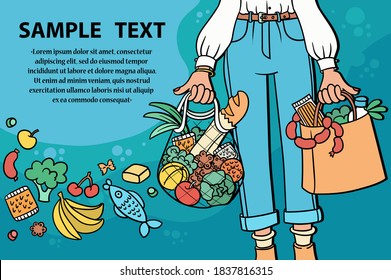 Vector cartoon background on the theme of food, purchase, order, supermarket. Woman stands with food packages. Colorful illustration, invitation