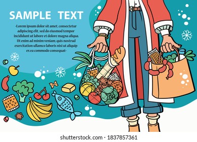 Vector Cartoon Background On The Theme Of Food, Purchase, Order, Supermarket, Preparation For The Holiday. Woman Stands With Food Packages, Preparing For New Year And Christmas. Colorful Illustration