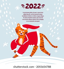Vector cartoon background on the theme of Happy New Year, Merry Christmas, winter. Colorful poster with happy tiger in Santa Claus costume