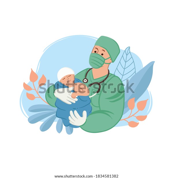 Vector cartoon background\
on the theme of medicine, birth, pediatrics, obstetrics,\
gynecology. Doctor holds a newborn. Colorful illustration for use\
in design