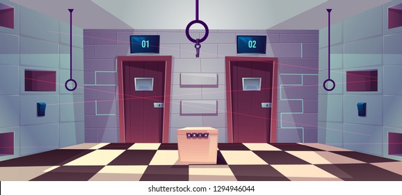 Vector cartoon background of quest room with closed doors, riddles and puzzles for people. Stand with conundrum, keys and elements for modern game, escape concept. Lasers from walls, tile floor.