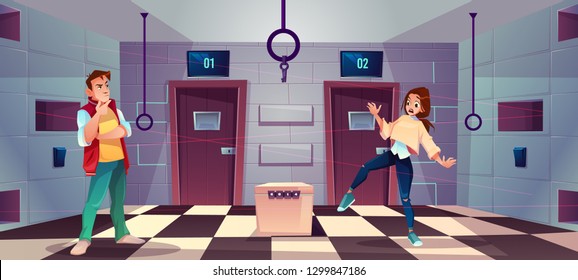 Vector cartoon background of quest room with people - guy and girl decide riddles and puzzles. Stand with conundrum, keys and elements for modern game, escape concept. Lasers from walls, tile floor.