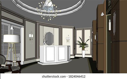 Vector cartoon background with reception desk in hotel, receptionist workplace. Empty waiting room, hall in business office, modern interior with furniture