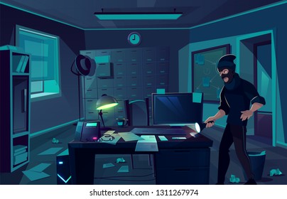 Vector cartoon background of robbery in police department or cabinet of private detective. Criminal man, thief with flashlight in dark room. Bandit at night, interior of cabinet for investigation.