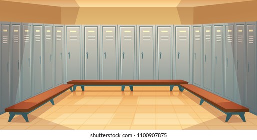Vector cartoon background with rows of individual lockers, empty dressing room with closed metal closets. Storage space for changing clothes, keeping sport equipment, school cabinets, front view