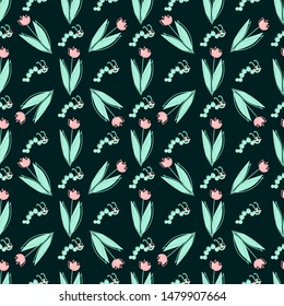 Vector cartoon background. Seamless pattern with flowers and insects, tulips and caterpillars. Children’s book style. Perfect for kids room wallpaper, cotton, textile. Pastel colors