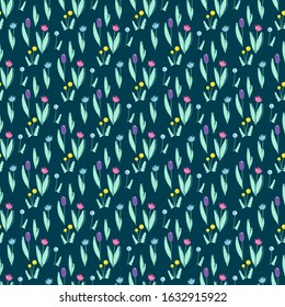 Vector cartoon background. Seamless pattern with wild flowers, dandelions, tulips, reeds. Children’s book style. Perfect for kids room wallpaper, cotton, textile. Cute pastel color palette