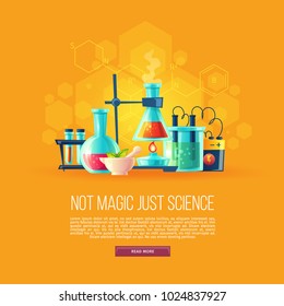 Vector cartoon background with set of chemical equipment for experiments, vials, glass flask, test-tubes with substance and reagents. School chemistry laboratory, educational concept illustration - Shutterstock ID 1024837927