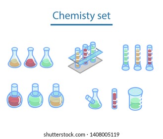 Vector cartoon background with set of chemical equipment for experiments, vials, glass flask, test-tubes with substance and reagents. School chemistry laboratory, educational concept illustration