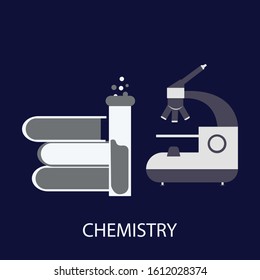 Vector cartoon background with set of chemical equipment for experiments, vials, glass flask, test-tubes with substance and reagents. School chemistry laboratory, educational concept illustration