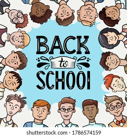 Vector cartoon background with smiling multiracial students. Illustration with lettering on the theme of school, university, college, education. Cartoon characters