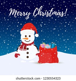 Vector cartoon background with snowman, gift sack at Christmas night. Celebration card with cute character. Traditional background for winter holiday.