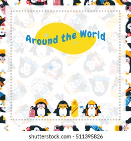 Vector cartoon background, with square frame and place for text. Template for greeting card, poster, banner. Illustration of cute kawaii penguins