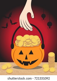 Vector Cartoon Background Trick or Treat Pumpkin bucket have money on wood table and bat spider 