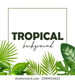Vector cartoon background with tropical leaves and thin square frame isolated on white background.