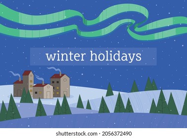 Vector cartoon background with winter landscape: houses, magic forest, northern lights, falling snow, smoke from chimneys. Perfect for greeting cards, banners, posters. Christmas and New Year art.