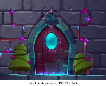 Vector cartoon background with wooden magic door with window. Brick wall with locked fantasy gates and green trees nearby. Video game backdrop, gui concept.Entrance with pink gem roses, mystery portal