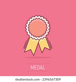 Vector cartoon badge with ribbon icon in comic style. Award medal sign illustration pictogram. Champion business splash effect concept.