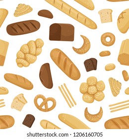 Vector cartoon bakery elements pattern or background illustration. Tasty bread for breakfast