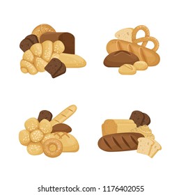 Vector cartoon bakery elements piles set isolated on white background illustration. Bread bakery food, bake snack breakfast