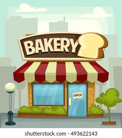 vector cartoon bakery store building illustration in fun city