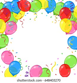 Vector cartoon balloons, streamers and confetti frame for your birthday card or party invitation on white background