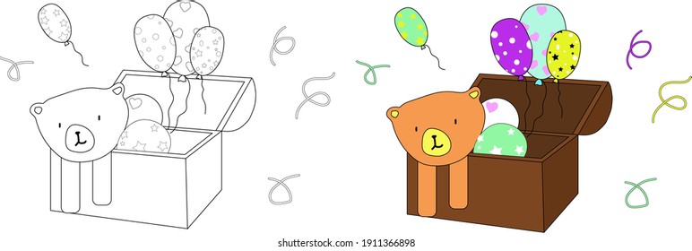 vector cartoon balloons with teddy bear and chest, coloring book or page