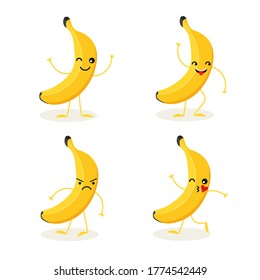 Vector cartoon banana character in different action emotions. Tropical fruit in many expressions isolated on white background. Vegan food vector icon in a trendy flat style. Healthy food concept