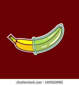 Vector Cartoon Banana With Condom Illustration. Safe Sex, STD Prevention And AIDS Awareness - Vector