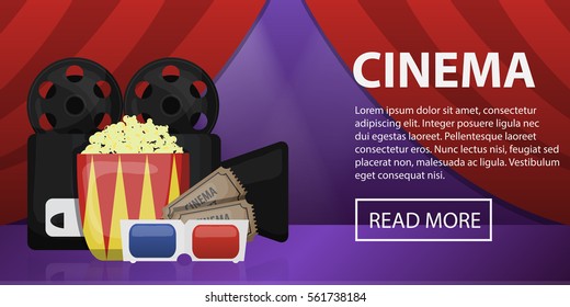 Vector cartoon banner with cinema elements on the purple background. Concept of movie industry and filming