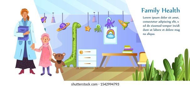 Vector Cartoon Banner With Hospital Room For Kids And Female Muslim Doctor With Her Baby Girl Patient Holding Teddy Bear. Background In Flat Style With Space For Your Text.