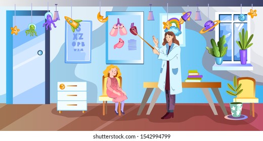 Vector Cartoon Banner With Hospital Room For Kids And Female Doctor Talking To Baby Girl Patient Sitting On The Chair. Background In Flat Style.