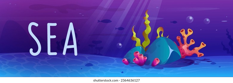 Vector cartoon banner of ocean bottom. Sea underwater landscape with corals and seaweed.