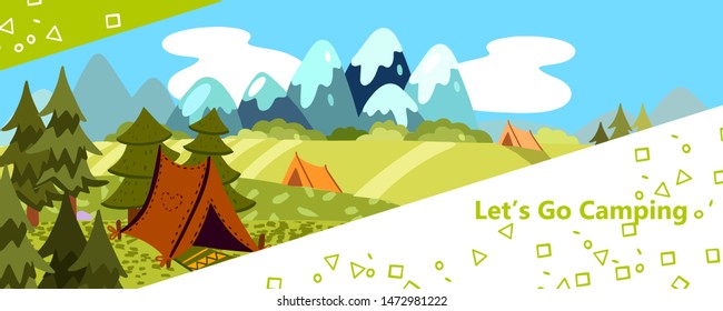Vector cartoon banner on the themes of camping, hiking, walking, sport, nature, forest, outdoor recreation, adventure, in nature vacation. Landcape
