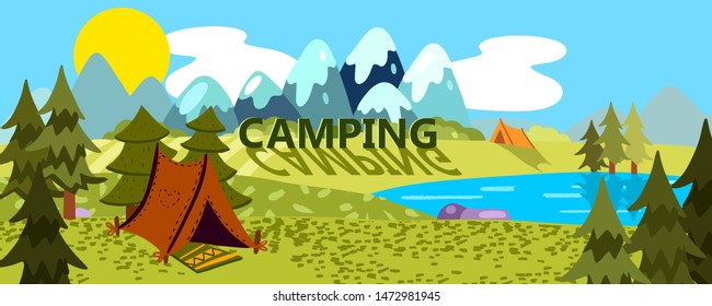 Vector cartoon banner on the themes of camping, hiking, walking, sport, nature, forest, outdoor recreation, adventure, in nature vacation. Landcape