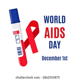 Vector cartoon banner with a red ribbon, a test tube with a blood test for HIV and an inscription isolated on a white background. December 1 is the World AIDS Day.