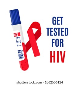 Vector cartoon banner with a red ribbon, a test tube with a blood test for HIV and an inscription isolated on a white background. Get tested for HIV.