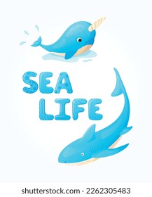 Vector cartoon banner with sea life text and cute narwhal and shark illustrations.