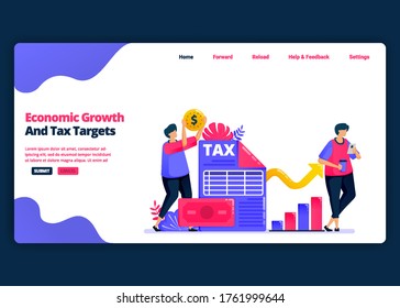 Mapa de carteles de vectores para lograr el crecimiento económico y los objetivos fiscales anuales. Página de inicio y página web de plantillas de diseño creativo para empresas. Se puede usar para web, aplicaciones móviles, afiches, volantes
