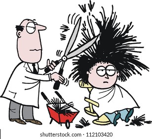 Vector cartoon of barber using shears on hairy customer