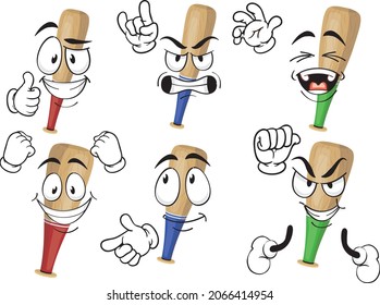Vector cartoon baseball bat mascot on white background. Perfect for printing on posters, wallpapers, wall murals, mugs, glasses, deckchairs, banners, roll-ups. EPS vector format.