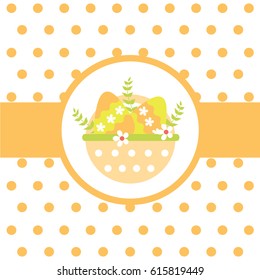 Vector cartoon of a basket of colorful egg on polka dot background for Easter postcard, greeting card and wallpaper