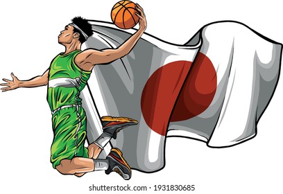 jugador de basketball de dibujos animados vectoriales con bandera japonesa