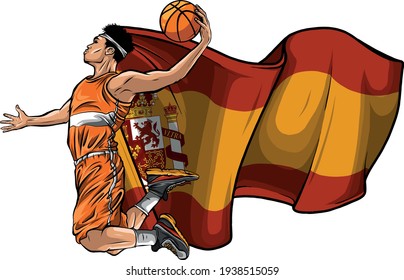 vector cartoon basketball player with spain flag