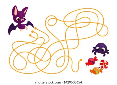 Vector cartoon bat and sweets in children's style. Vector illustrations for children books. Labyrinth. Educational game for children. 