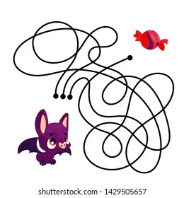 Vector cartoon bat and sweets in children's style. Vector illustrations for children books. Labyrinth. Educational game for children. 