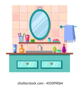 Vector cartoon bathroom interior with mirror, sink and towel. Lots of cute multicolored tubes and bottles. Bright flat illustration.