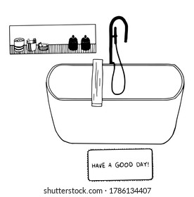 vector cartoon bathroom interior set with bath, mat with inscription HAVE A GOOD DAY and shelf