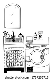 vector cartoon bathroom interior set of sink with locker, washer and mirror