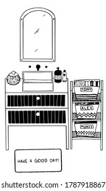 vector cartoon bathroom interior with sink on the lokers, mirror and rack with clothes
